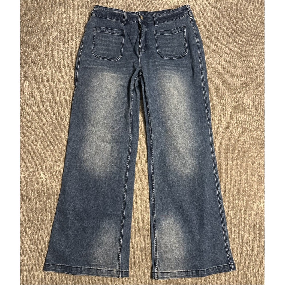 Flamingals Medium Wash Wide Leg Flare Jeans Front Patch Pockets Size L 212691